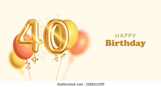 Vector realistic isolated invitation card for Happy Birthday with 40 number golden balloon and confetti.
