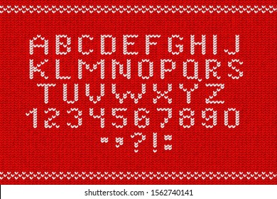 Vector realistic isolated knitted alphabet font for template decoration and invitation covering on the red sweater background. Concept of Merry Christmas, Ugly Sweater Party and Happy New Year.