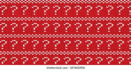 Vector Realistic Isolated Knitted Pattern Of Christmas Quiz For Template Decoration And Invitation Covering On The Red Sweater Background. Concept Of Happy New Year.