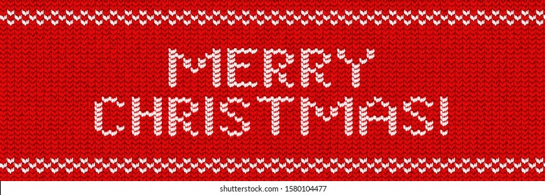 Vector realistic isolated knitted typography logo of Merry Christmas for template decoration and invitation covering on the red sweater background. Concept of Ugly Sweater Party and Happy New Year.