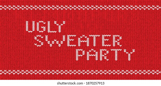 Vector realistic isolated knitted typography logo of Ugly Sweater Party for template decoration and invitation covering on the red sweater background. Concept of Happy New Year.