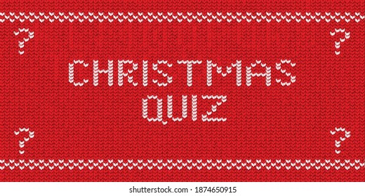 Vector Realistic Isolated Knitted Typography Logo Of Christmas Quiz For Template Decoration And Invitation Covering On The Red Sweater Background. Concept Of Happy New Year.