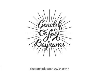 Vector realistic isolated lettering for 19th May Turkish holiday Genclik ve Spor Bayrami with sunrays for decoration and covering on the white background. Concept of Happy Youth and Sports Day.