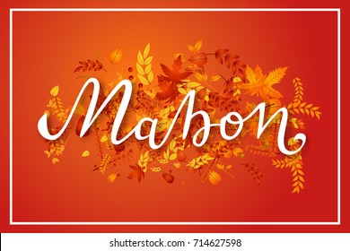 Vector realistic isolated lettering and autumn leaves for Mabon for decoration and covering on the red background.