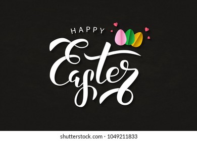 Vector realistic isolated lettering for Easter with origami eggs and hearts for decoration and covering on the chalk background. Concept of Happy Easter.