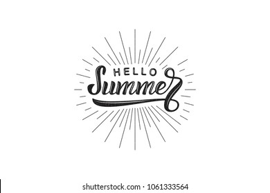 Vector realistic isolated lettering Hello Summer logo with sunrays and vintage grunge texture logo for decoration and covering on the white background. Concept of Happy Summer holidays.