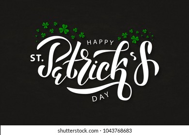 Vector realistic isolated lettering logo of Happy St. Patrick's Day with clover for decoration and covering on the dark background.