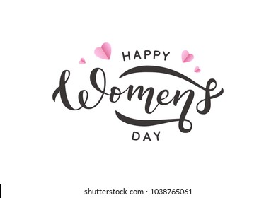 Vector realistic isolated lettering for Women's Day with pink origami hearts for decoration and covering on the white background. Concept of Happy Women's Day.