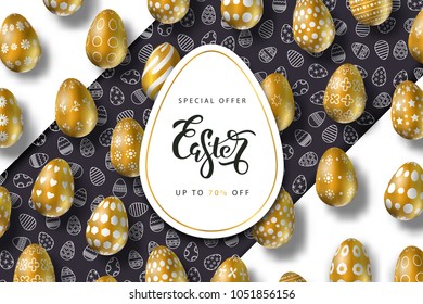 Vector realistic isolated luxury poster for Easter sale with golden colored eggs for decoration and covering on the ornamental background. Concept of Happy Easter.