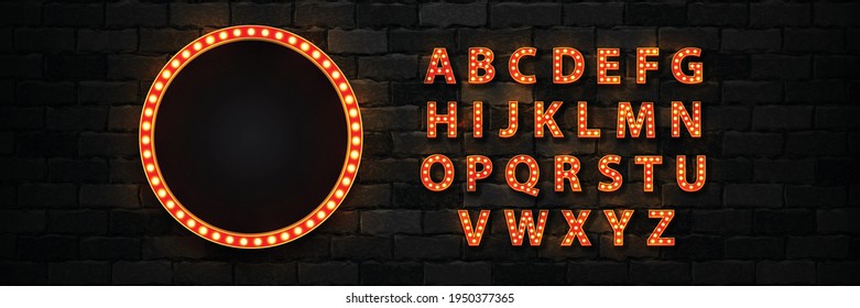 Vector realistic isolated marquee circle lightbox billboard with light bulb neon font for template decoration and invitation covering on the wall background. Concept of broadway and show.