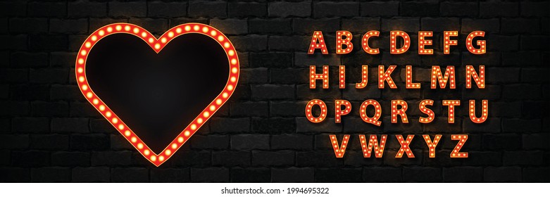 Vektorrealistische, isolierte Leuchtkasten-Leuchtkasten-Plakatwand mit Leuchtfeuer-Neon-Schriftart für Vorlagendekoration und Einladung auf dem Wandhintergrund. Konzept von Breitband und Show.