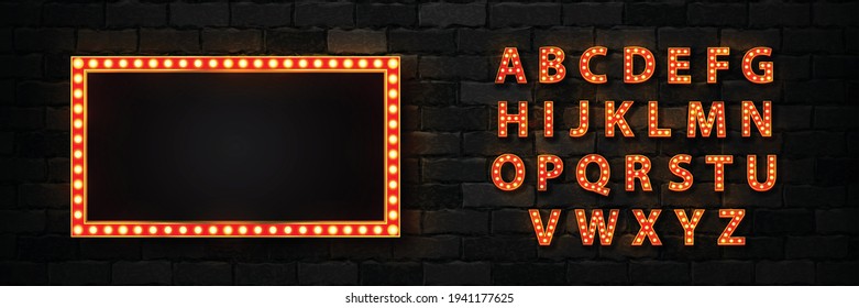 Vector realistic isolated marquee lightbox billboard with light bulb neon font for template decoration and invitation covering on the wall background. Concept of broadway and show.