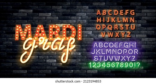 Vector realistic isolated marquee neon sign of Mardi Gras with easy to change color alphabet font on the wall background.