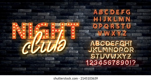 Vector realistic isolated marquee neon sign of Night Club with easy to change alphabet font on the wall background. svg