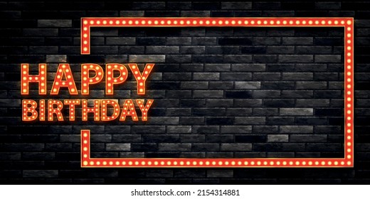 Vector realista, aislado marquesina de neón signo de cumpleaños feliz en el fondo de la pared.