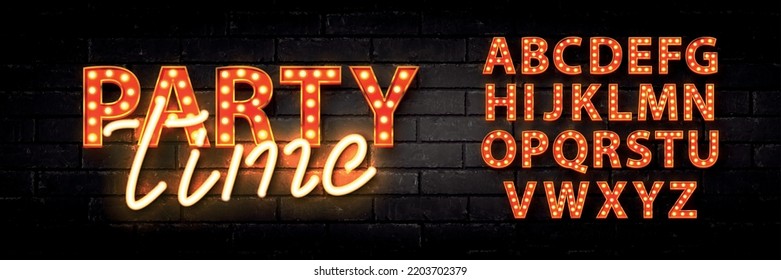 Vector realistic isolated marquee neon sign of Party Time logo with easy to change alphabet font on the wall background.