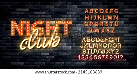 Vector realistic isolated marquee neon sign of Night Club with easy to change alphabet font on the wall background.