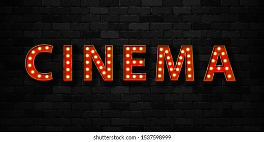 Vector realistic isolated marquee sign of Cinema typography logo for template decoration and covering on the wall background. Concept of show and director.