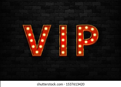 Vector realistic isolated marquee sign of VIP typography logo for template decoration and covering on the wall background. Concept of luxury and premium.