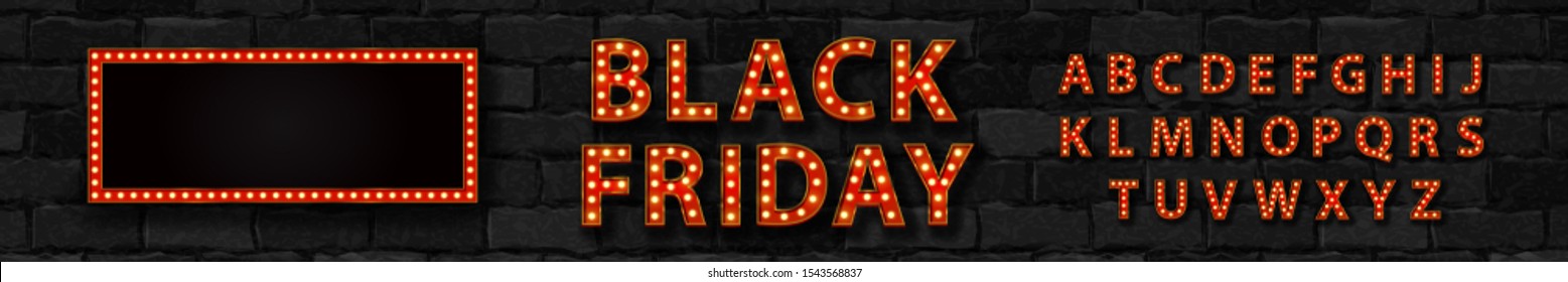 Vector realistic isolated marquee sign of Black Friday logo with broadway frame and light bulb font for template decoration and covering on the wall background.