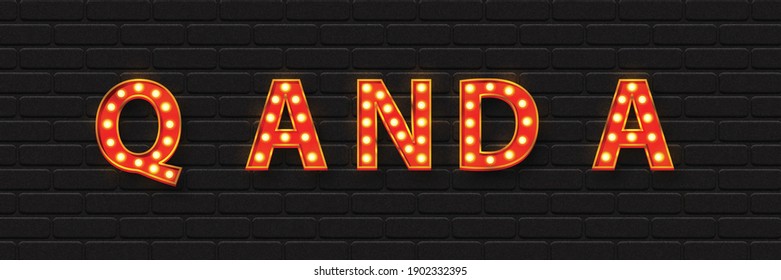 Vektor-realistisches, isoliertes Vorzeigezeichen Q und A Logo für Vorlagendekoration und -layout auf dem Wandhintergrund. Konzept der Fragen und Antworten.