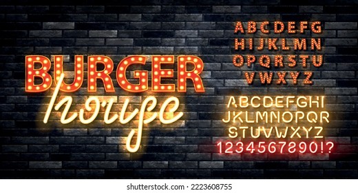 Señal de marquesina aislada vectorial realista del logotipo de Burger House con tipo de letra del alfabeto de color fácil de cambiar en el fondo de la pared.