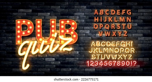 Vector realistic isolated marquee sign of Pub Quiz logo with easy to change color alphabet font on the wall background.