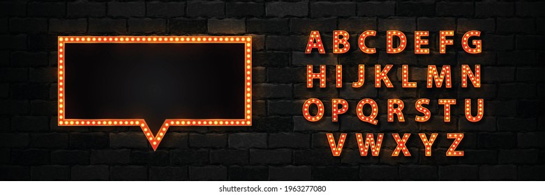 Vector realistic isolated marquee speech bubble lightbox billboard with light bulb neon font for template decoration and invitation covering on the wall background. Concept of broadway and show.