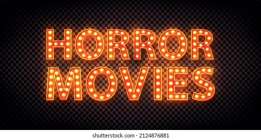 Vektor-realistischer, isolierter Marquee-Text von Horrorfilmen auf transparentem Hintergrund. Konzept der Kinoabend und Halloween.