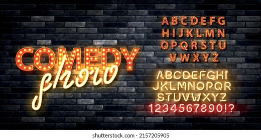 Vector realistic isolated marquee text of Comedy Show with easy to change color alphabet font on the wall background. Concept of stand up perfomance and humor. svg