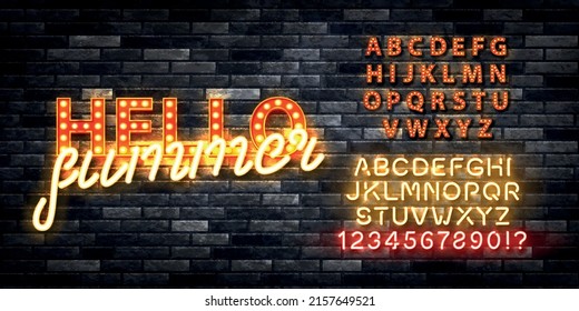 Vector Realistic Isolated Marquee Text Of Hello Summer With Easy To Change Color Alphabet Font On The Wall Background.