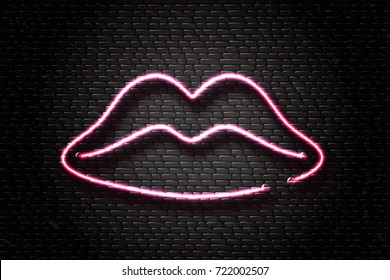 Vector realistic isolated neon erotic lips sign for decoration and covering on the wall background.