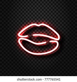 Vector realistic isolated neon erotic lips sign for decoration and covering on the transparent background. Concept of erotic show and night club.
