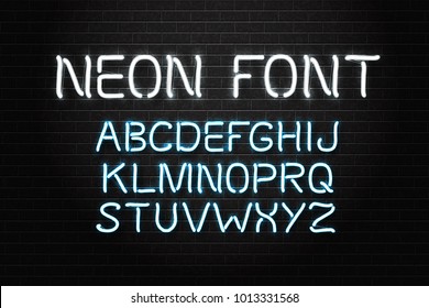 Vector realistic isolated neon font letters for decoration and covering on the wall background. Concept of broadway alphabet and typography.