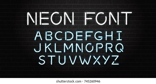 Vector realistas isolados néon letras de fonte para decoração e cobertura no fundo da parede.