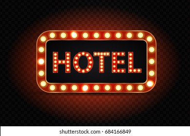 Vector realistic isolated neon hotel sign billboard for decoration and covering on the transparent background.