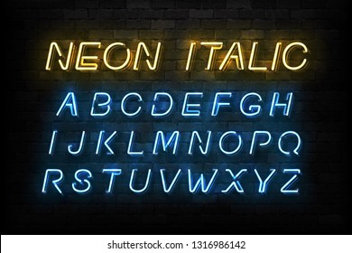 Vector Realistic Isolated Neon Italic Alphabet Font For Template And Mockup Decoration On The Wall Background.