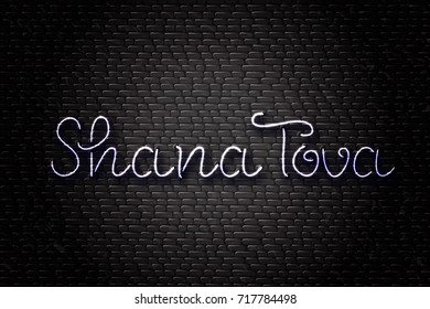 Vector realistic isolated neon lettering sign for Rosh Hashanah, Jewish New Year holiday for decoration and covering on the wall background. Concept of Happy Shana Tova.