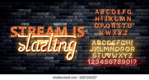 Vector Realistic Isolated Neon Marquee Sign Of Stream Is Starting Logo With Easy To Change Color Alphabet Font On The Wall Background. Concept Of Live Streaming.