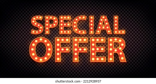 Vector realistic isolated neon marquee sign of Special Offer text on the transparent background.