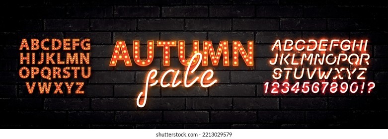 Vector Realistic Isolated Neon Marquee Sign Of Autumn Sale Logo With Easy To Change Color Alphabet Font On The Wall Background.