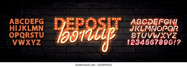 Vector realistic isolated neon marquee text of Deposit Bonus logo with easy to change color alphabet font on the wall background.