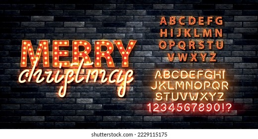 Vector realistic isolated neon marquee sign of Merry Christmas with easy to change alphabet font on the wall background.