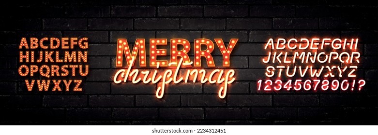 Vector realistic isolated neon marquee sign of Merry Christmas with easy to change alphabet font on the wall background.