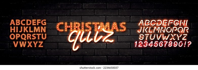 Vector realistic isolated neon marquee sign of Christmas Quiz logo with alphabet font on the wall background. Concept of Merry Christmas and Happy New Year.