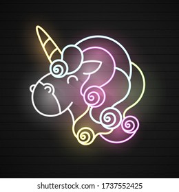 Vector realistic isolated neon retro sign of unicorn for decoration and covering on the wall background. Pink funny unicorn pukes liquid rainbow. Vector illustration.