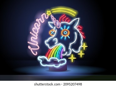 Vector realistic isolated neon retro sign of unicorn for decoration and covering on the wall background. Pink funny unicorn pukes liquid rainbow. Vector illustration.