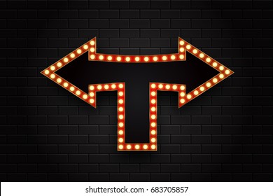 Vector realistic isolated neon retro arrow billboard for covering on the wall background. Sign template for vintage decoration and signboard.