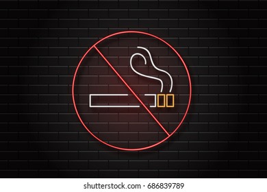 Sinal retrô de néon isolado e realista do vetor de No Smoking no fundo da parede para decoração e cobertura.