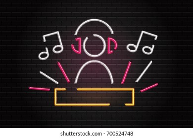 Vector realistic isolated neon retro sign of dj and notes for decoration and covering on the wall background. Concept of music, dj profession and disco.